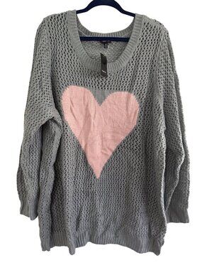 Torrid Womens Gray Open Knit Sweater With Pink Heart Design Size 4